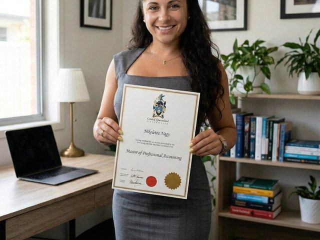 Nikoletta holding her first practising certificate at her desk